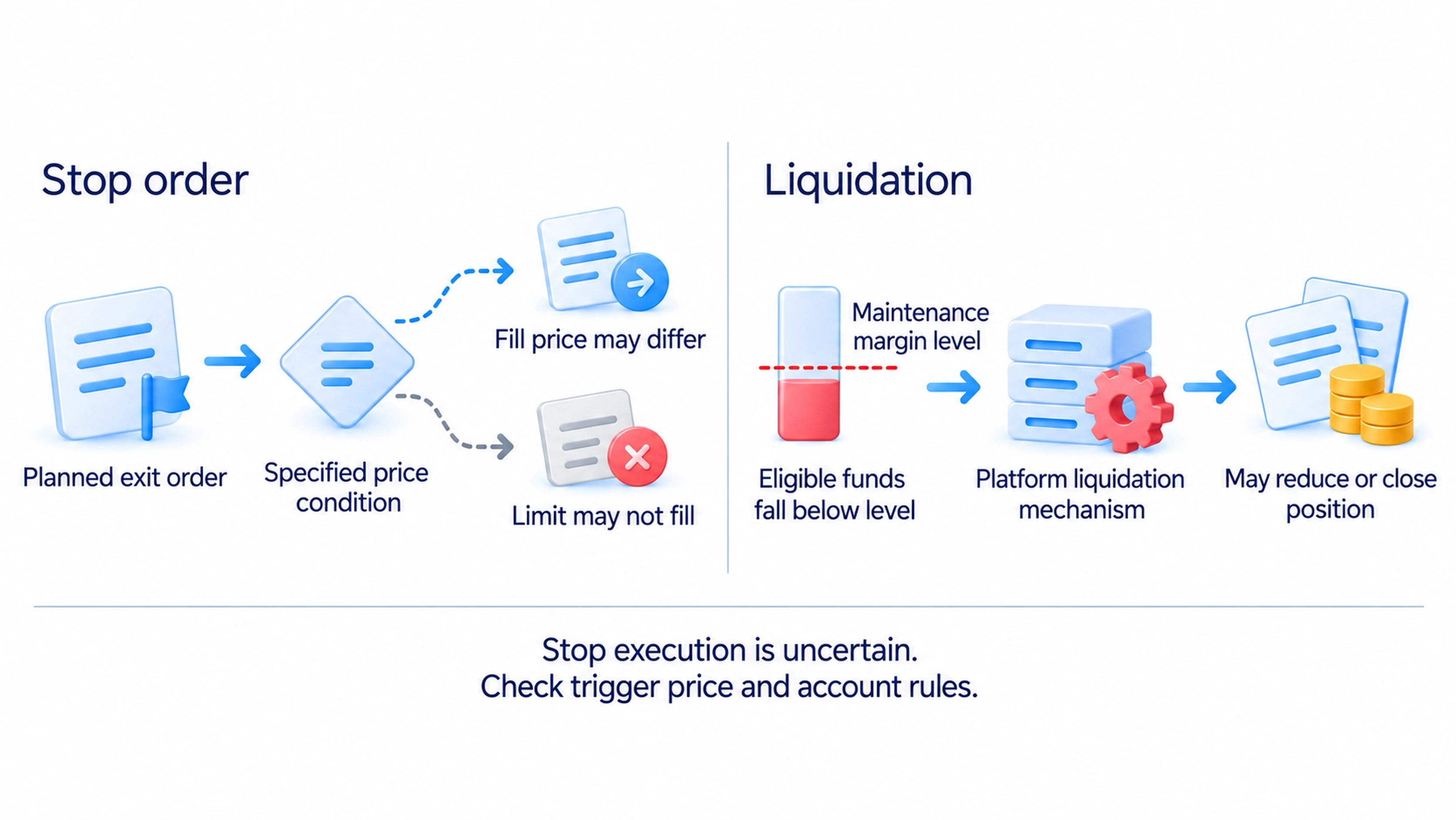 A stop order is a planned exit whose fill price may differ or whose limit may not fill; liquidation may reduce or close a position when eligible funds fall below maintenance margin.