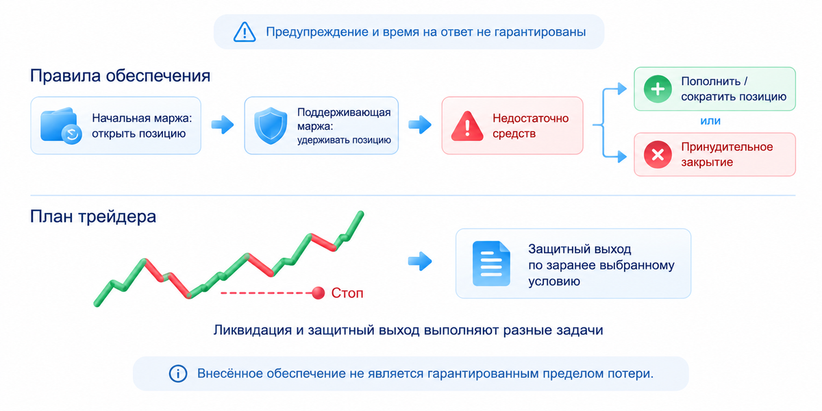 Обеспечение и защитный выход: Маржа: открыть и поддерживать позицию; Ликвидация: требования площадки; Защитный выход: план трейдера. Обеспечение не равно пределу потери; предупреждение не гарантировано