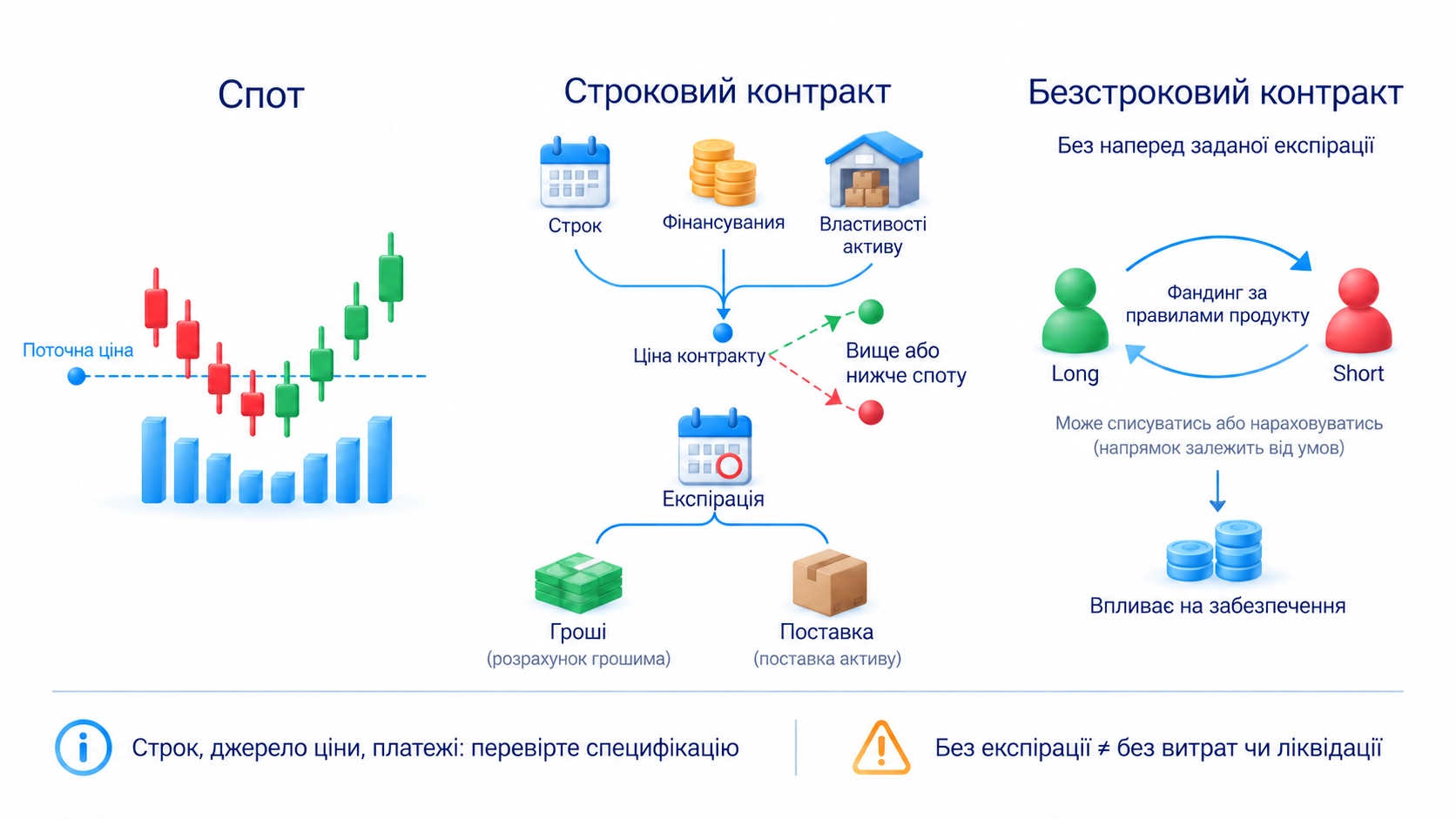 Порівняння споту, строкового ф’ючерсу та безстрокового контракту: ціна зараз, строк і умови виконання, а також платежі фінансування
