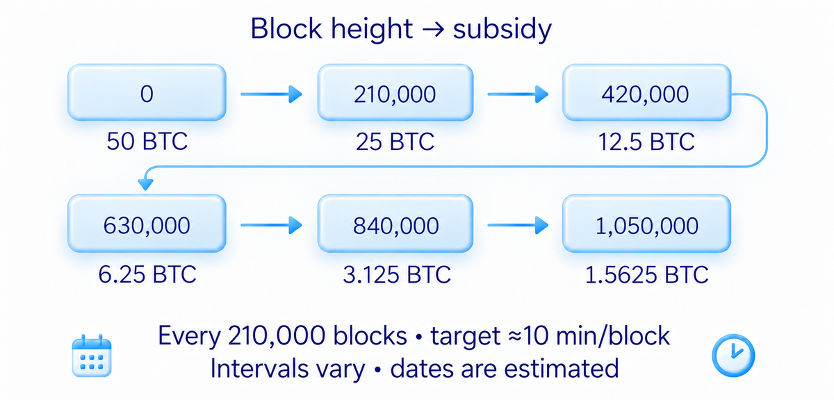 Bitcoin subsidy amounts at the article's block-height boundaries, with calendar timing estimated from the pace of blocks.