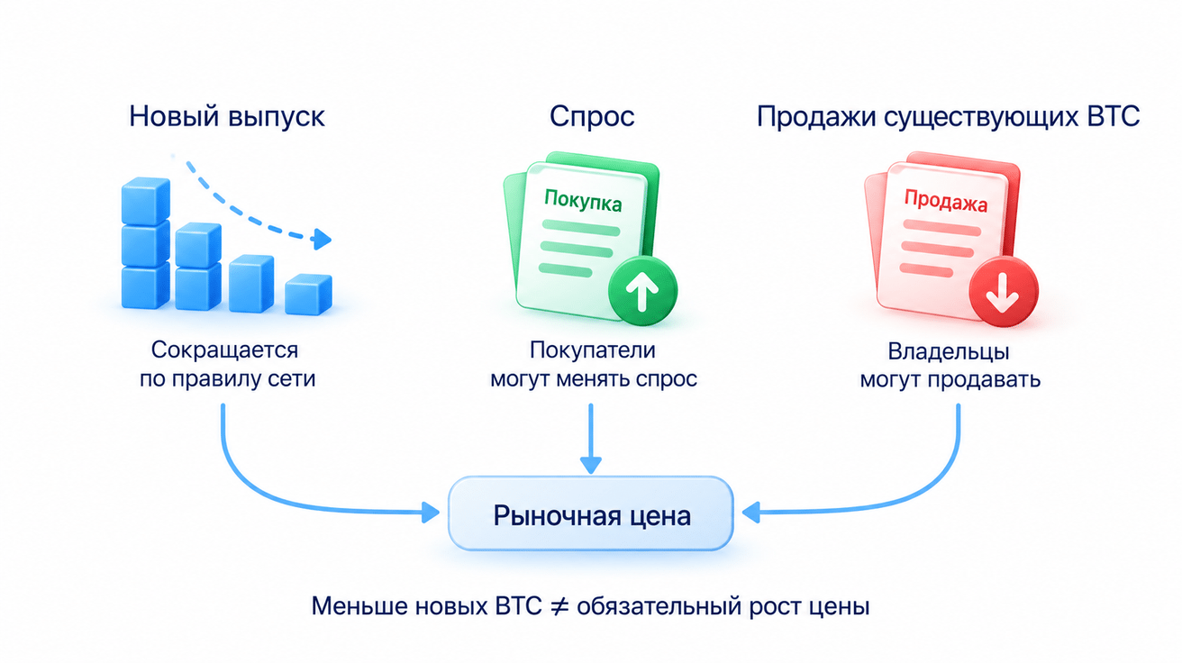 Сокращение нового выпуска Bitcoin не гарантирует рост рыночной цены, которая зависит от спроса и продаж существующих монет