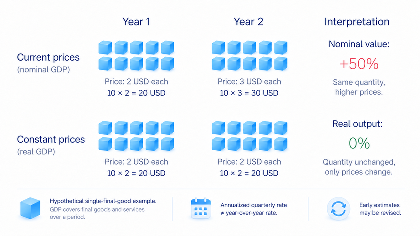 Nominal GDP uses current prices; real GDP adjusts for price changes.