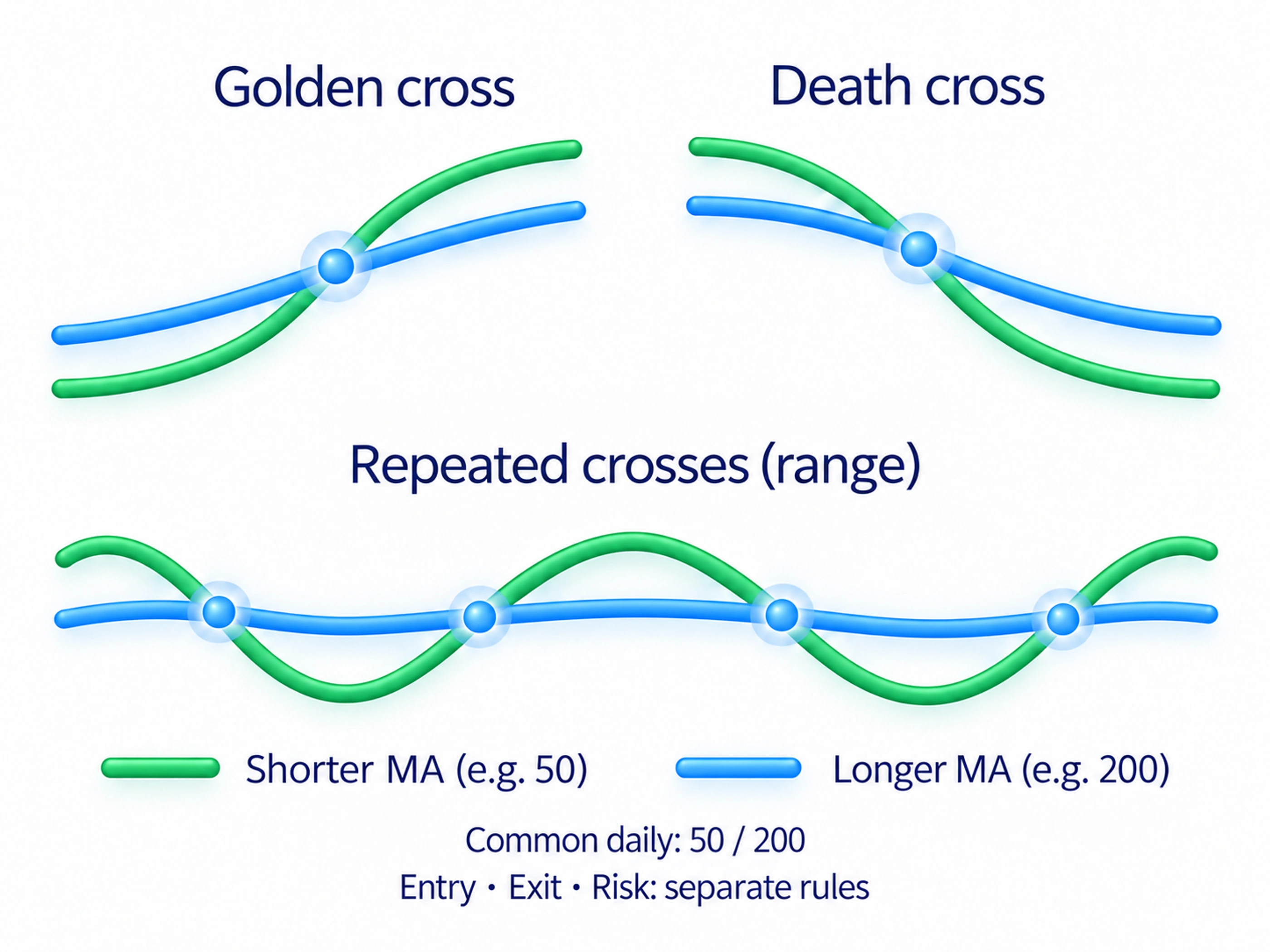 Golden and death crosses describe shorter versus longer averages; a common daily version uses 50 and 200 days, without a complete trade system.