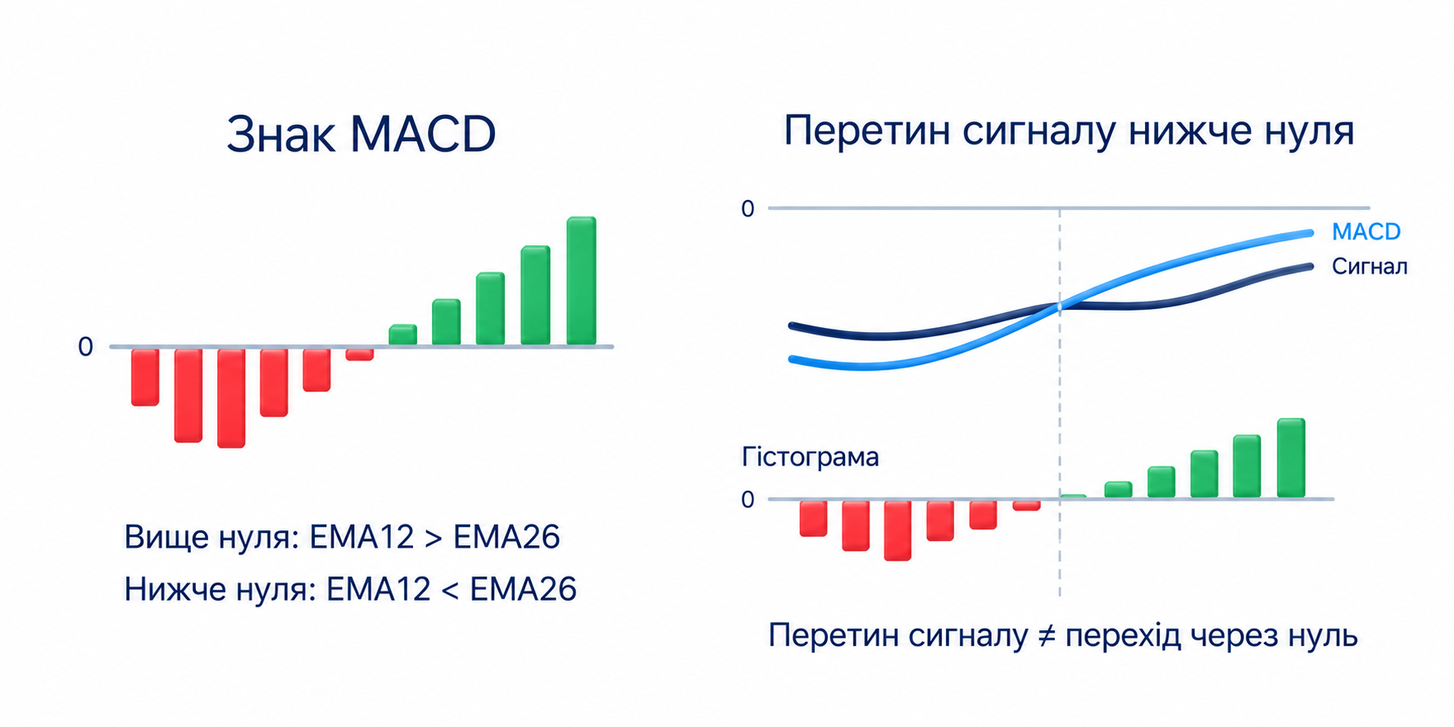 Знак MACD порівнює цінові середні; перетин сигналу вгору можливий нижче нуля