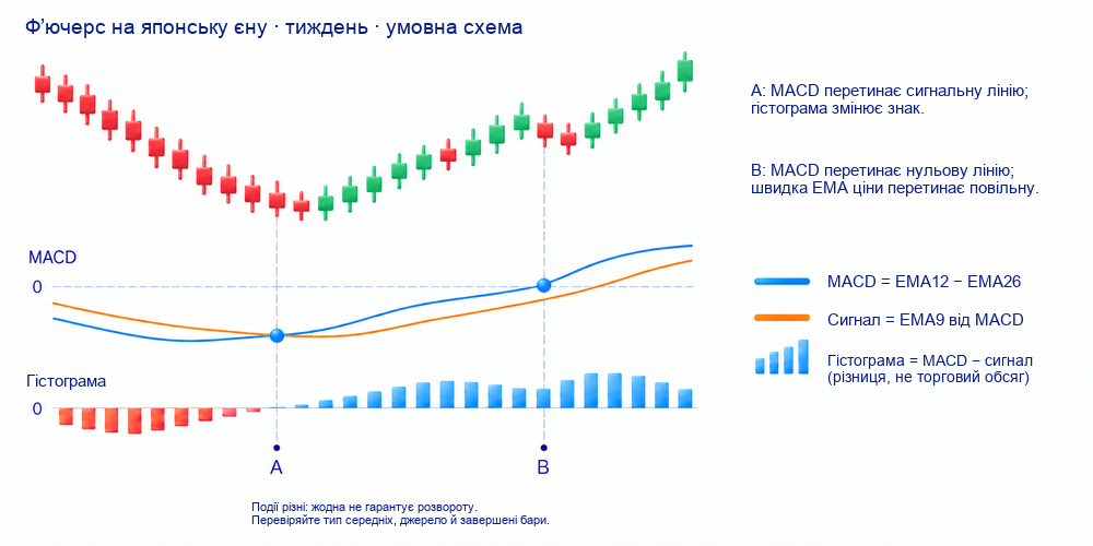 Свічки ф’ючерсу єни та панель MACD із двома лініями й стовпчиками