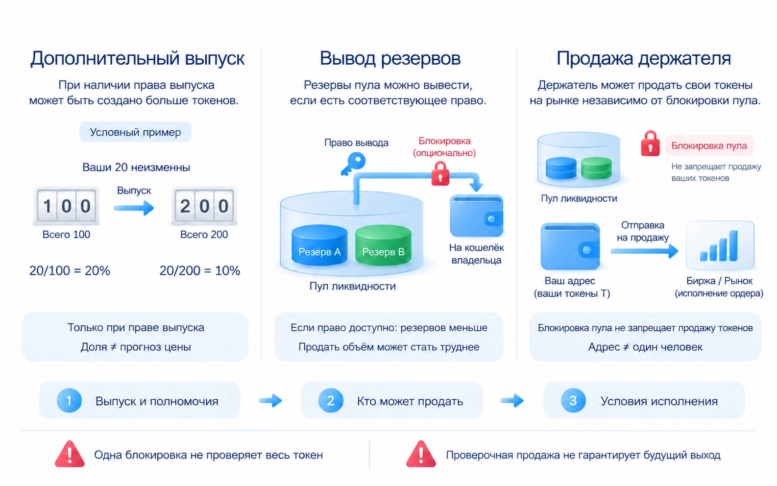 Дополнительный выпуск, вывод ликвидности и продажа крупной доли являются разными механизмами риска; блокировка вывода из пула не устраняет остальные риски