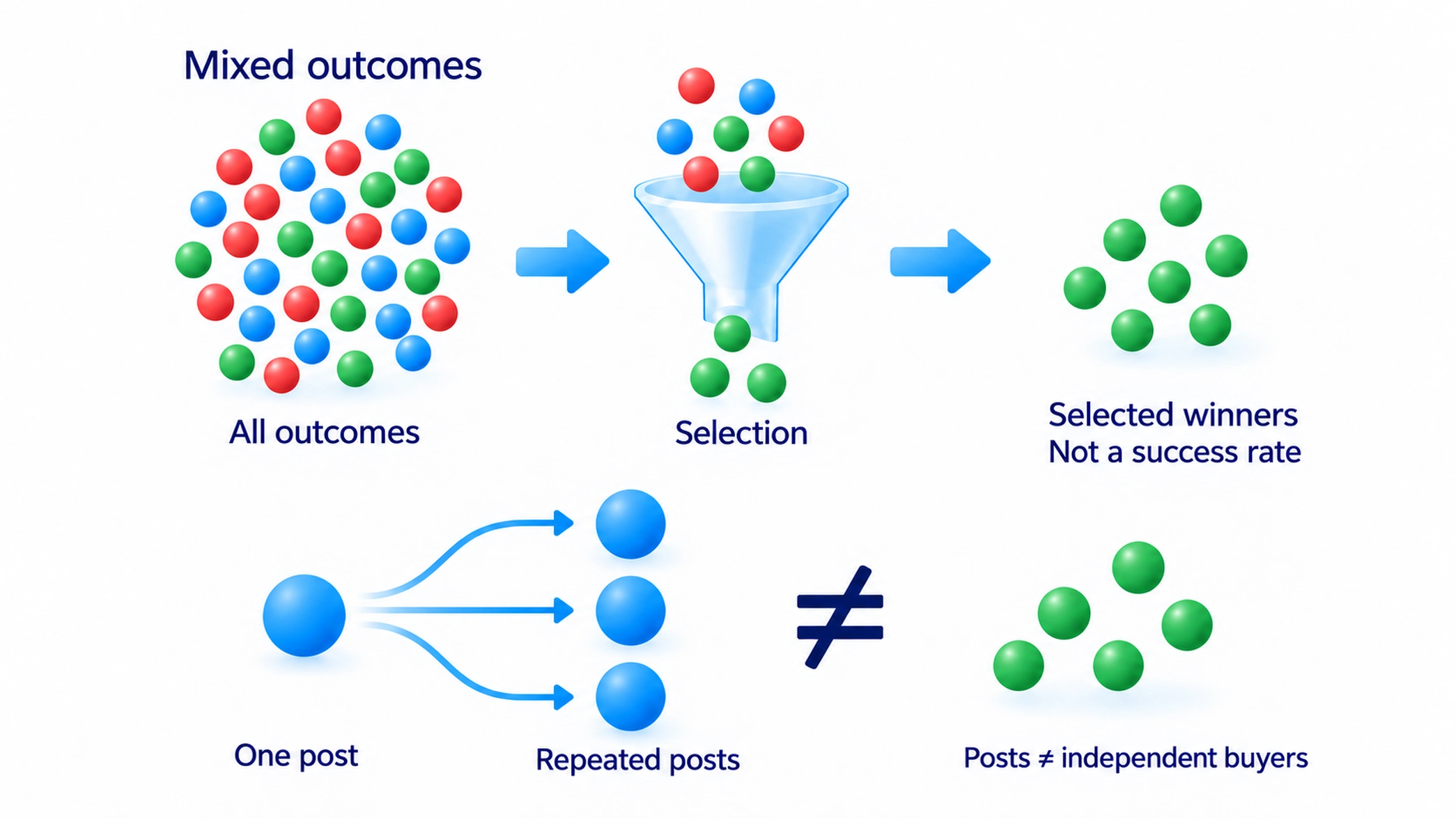 Winner stories omit unsuccessful cases; repeated, paid or automated posts do not count independent buyers, so assess full results and executable exits.