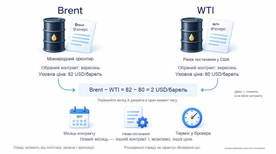 Умовне порівняння вересневих ф’ючерсів Brent 82 і WTI 80 USD за барель: спред 2 USD; перевіряють строк і умови поставки
