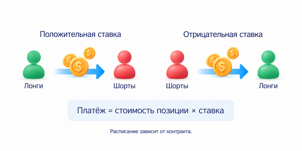 Обычное направление фандинга: при положительной ставке лонги платят шортам, при отрицательной наоборот; расчёт по стоимости всей позиции и расписанию контракта