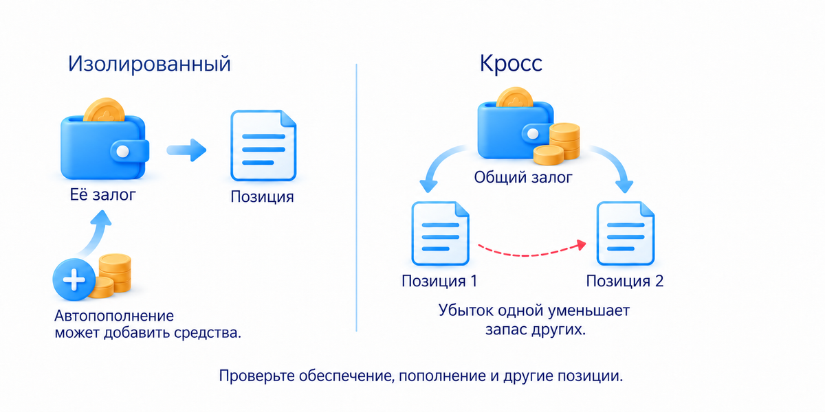 Изолированный залог относится к отдельной позиции, автопополнение может добавить средства; в кросс-режиме общий залог связан с результатами нескольких позиций