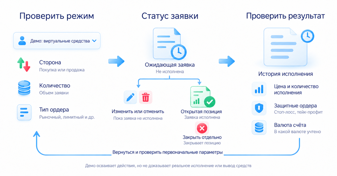 На демосчёте проверяют виртуальный режим, ожидающую заявку изменяют или отменяют, открытую позицию закрывают и проверяют исполнение; демо не доказывает реальный вывод средств