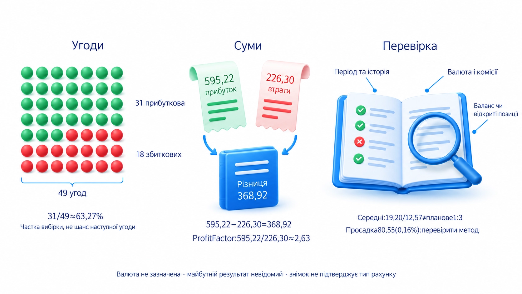 Частка прибуткових угод 31 із 49 та фактор прибутку 595,22 поділено на 226,30; валюта рахунку не зазначена, майбутній результат невідомий