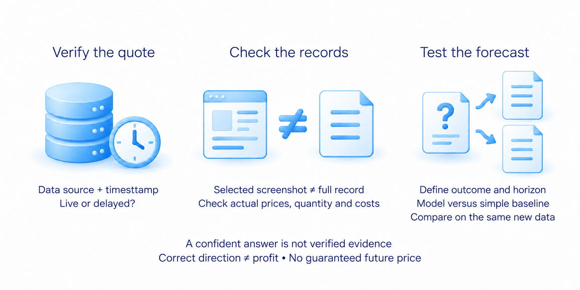 Three checks for an AI trading forecast: verify the data source and timestamp, compare complete records with a screenshot, and test outcomes against a baseline.