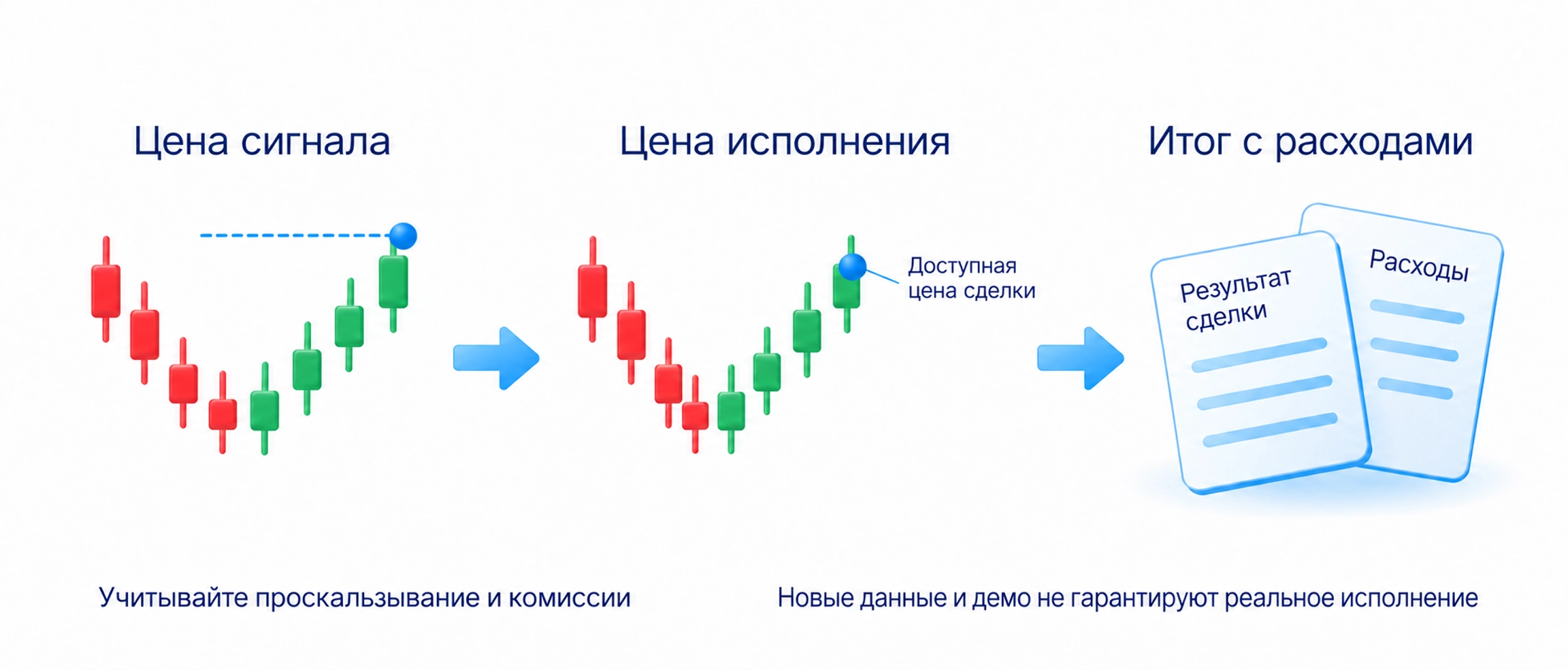 Сигнал и исполнение: Цена для сигнала; Доступная цена сделки; Расходы и проскальзывание. Проверить новые данные и демо; демо не гарантирует реальное исполнение