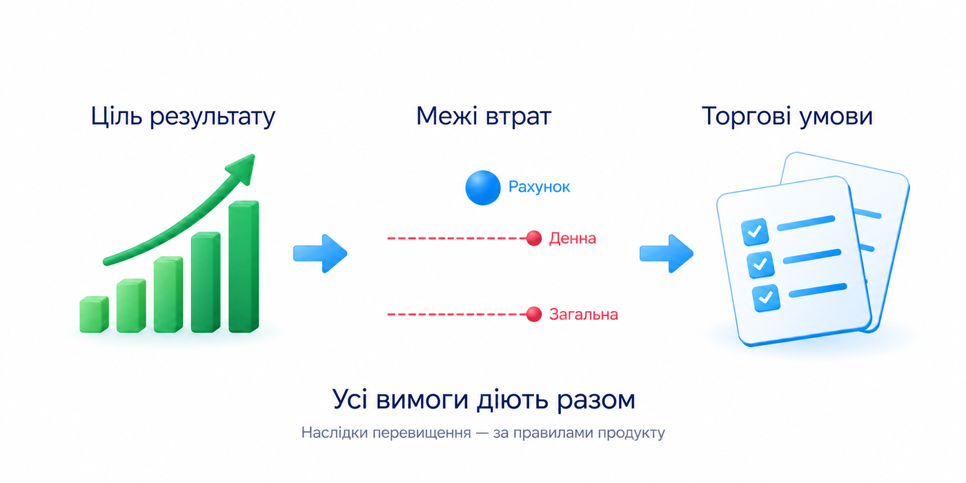 Ціль результату, межі втрат і торгові умови діють разом; наслідок перевищення визначають правила конкретного продукту