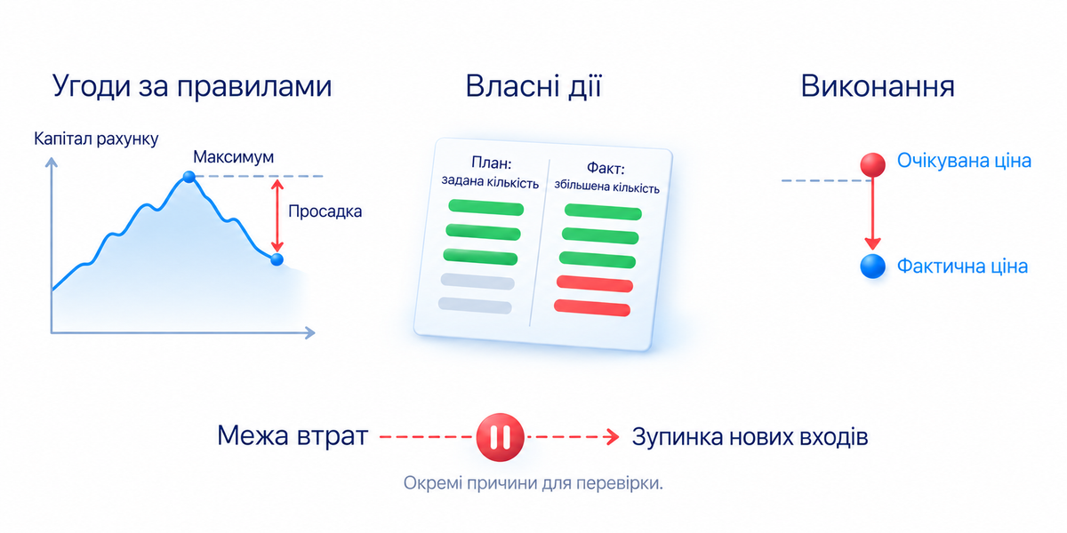 Під час просадки відокремте правила методу, власні порушення та відхилення виконання; зупиніть нові входи за записаною межею, пауза не доводить готовності методу