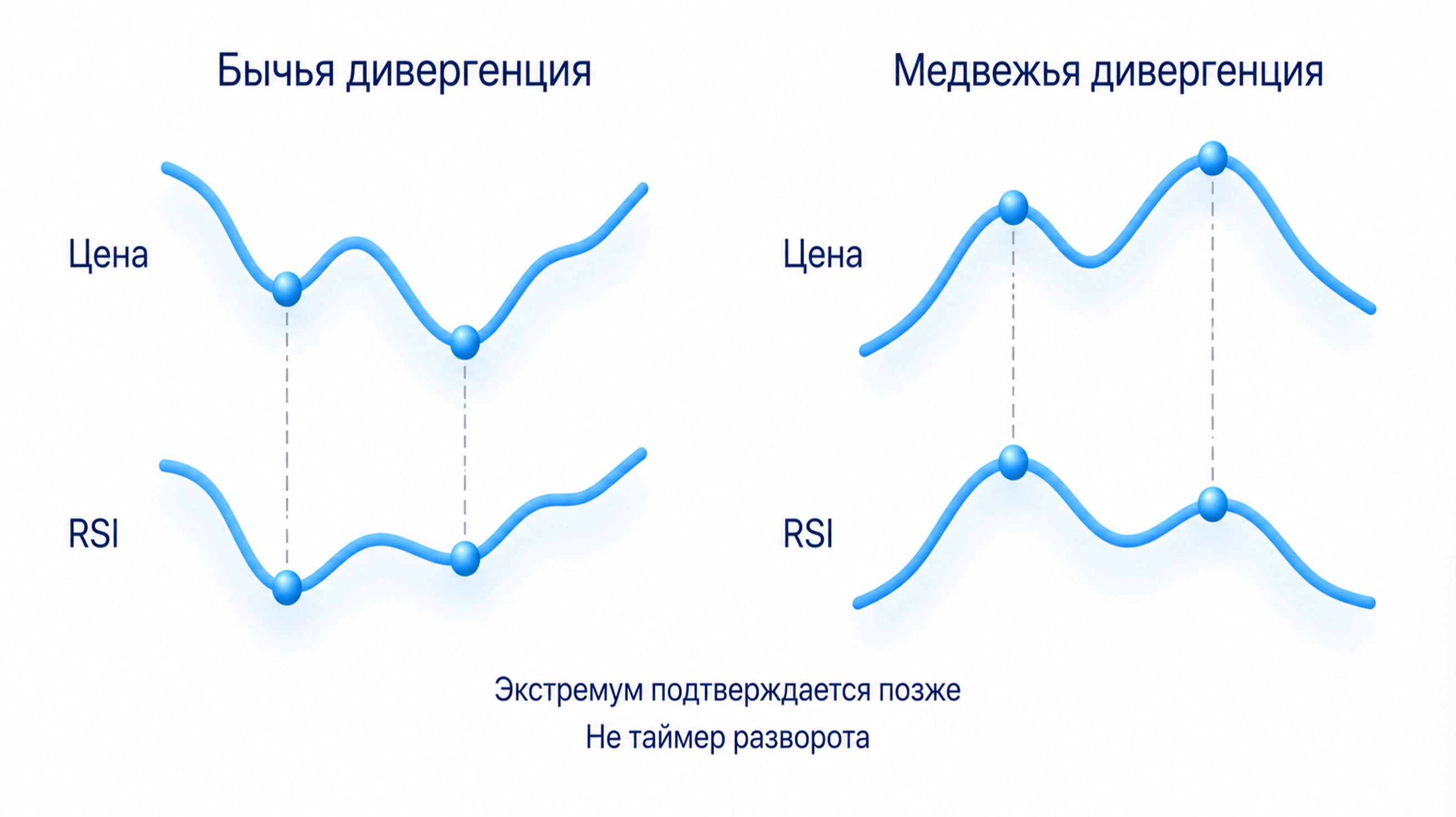 Сопоставление экстремумов цены и RSI: при бычьей дивергенции минимум цены ниже, минимум RSI выше; при медвежьей максимум цены выше, максимум RSI ниже.