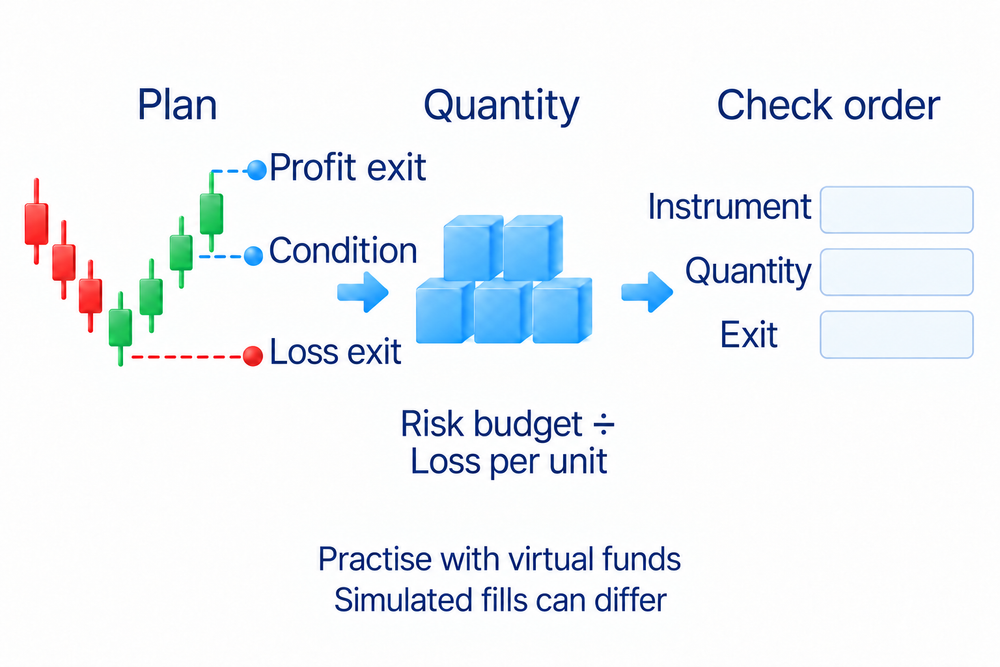 Plan entry conditions and profit and loss exits, size the position using risk budget divided by loss per unit, then check instrument, quantity and exit instructions before practising with virtual funds; simulated fills can differ.