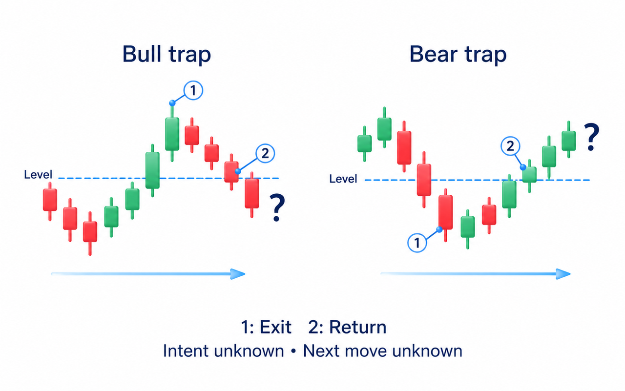 Bull and bear traps show an excursion and observed return across the chosen boundary without establishing intent or later reversal