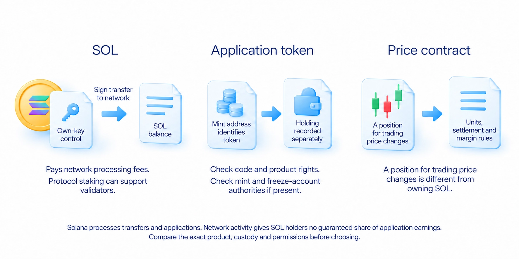Solana network, SOL coin, application tokens and price-change contracts are separate concepts.