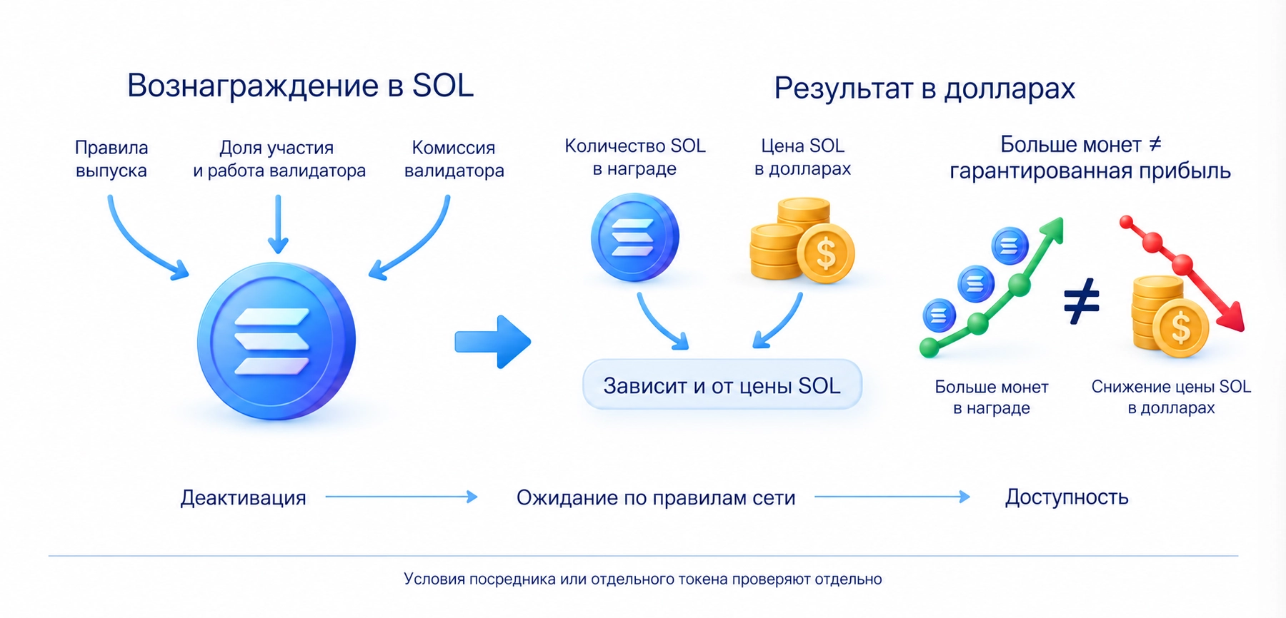 Вознаграждение SOL зависит от правил выпуска, доли участия, работы и комиссии валидатора; прибыль в долларах не гарантирована, выход из стейкинга занимает время
