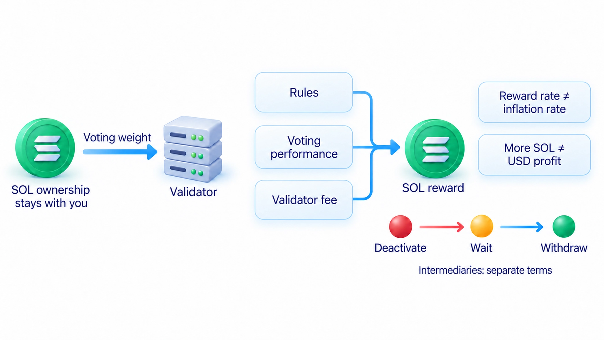 Ordinary staking delegation adds validator weight without transferring ownership; reward and withdrawal conditions vary.