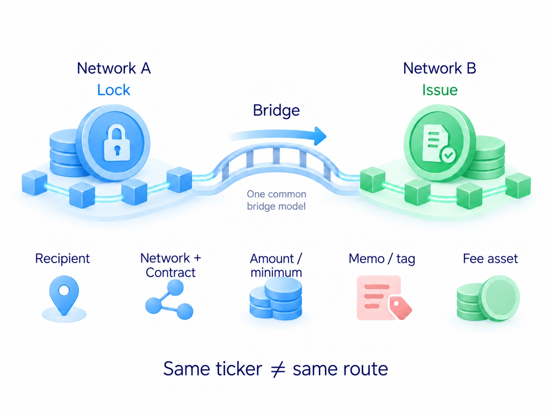 A bridge adds a dependency; check destination, network, amount, memo or tag and fee asset before transferring.