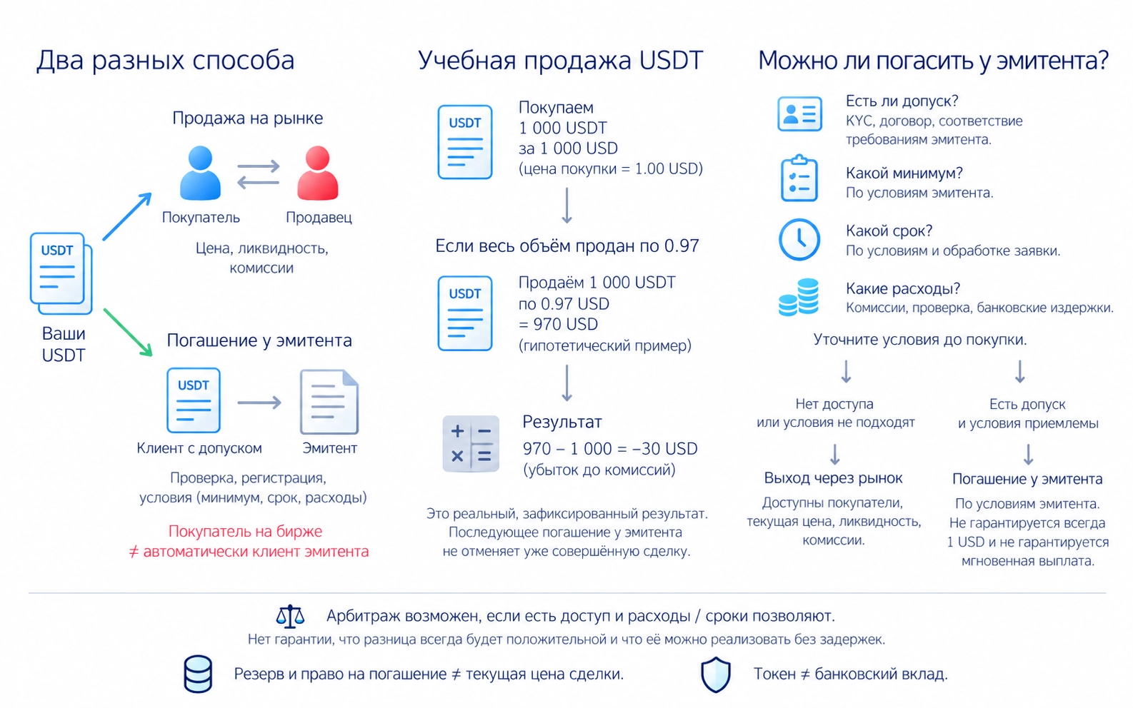 На бирже покупатель отдаёт деньги другому участнику и получает токен; при погашении допущенный клиент передаёт токен компании и получает базовую валюту, восстановление привязки не гарантировано