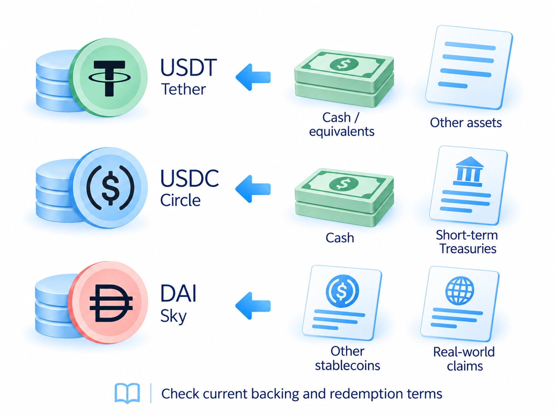 USDT, USDC and DAI have different backing arrangements and redemption terms.