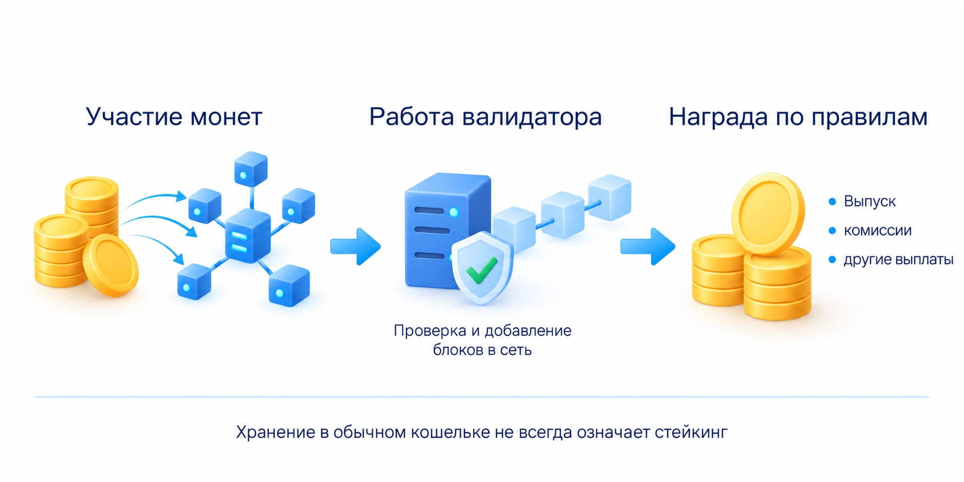 Монеты участвуют в Proof of Stake, валидатор проверяет блоки, награда определяется правилами сети; хранение в кошельке не всегда означает участие