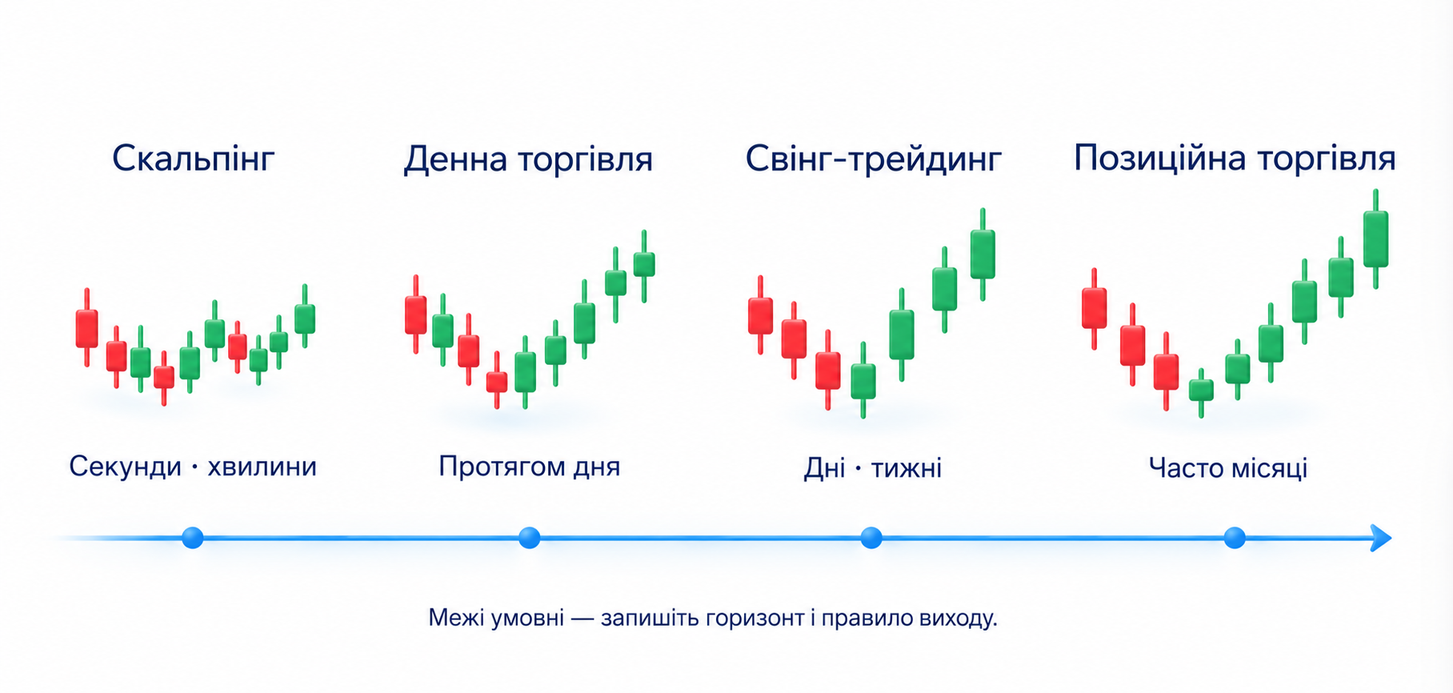 Чотири умовні горизонти: скальпінг часто секунди чи хвилини, денна торгівля протягом дня, свінг дні чи тижні, позиційна часто місяці