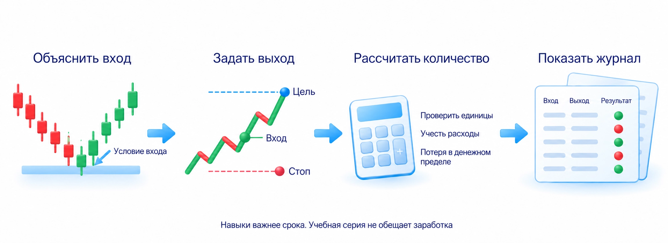 Навыки перед переходом на реальный счёт: объяснить вход, поставить выход, рассчитать объём и показать журнал без скрытых нарушений.