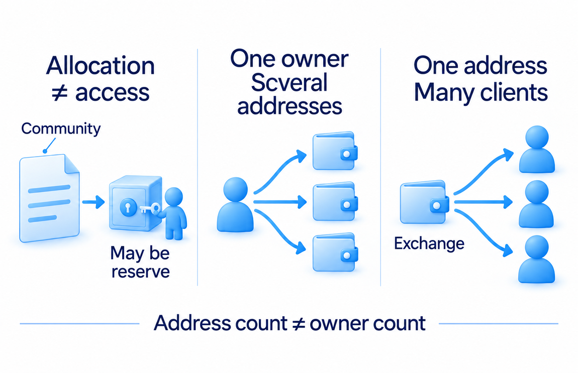 Allocation labels show intended groups and availability; community reserves need not be independently held, and addresses do not equal owners.