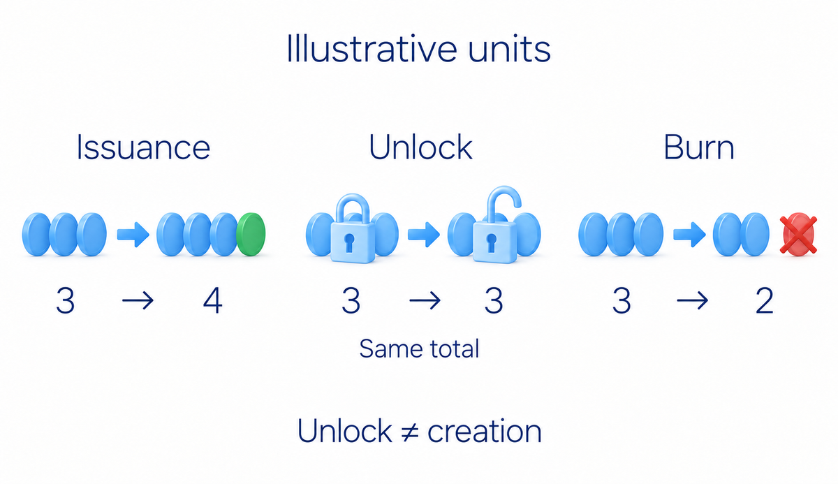 Issuance creates units, unlocks make existing units available and verified burns destroy or make units inaccessible; compare creation and destruction and check powers to change rules.