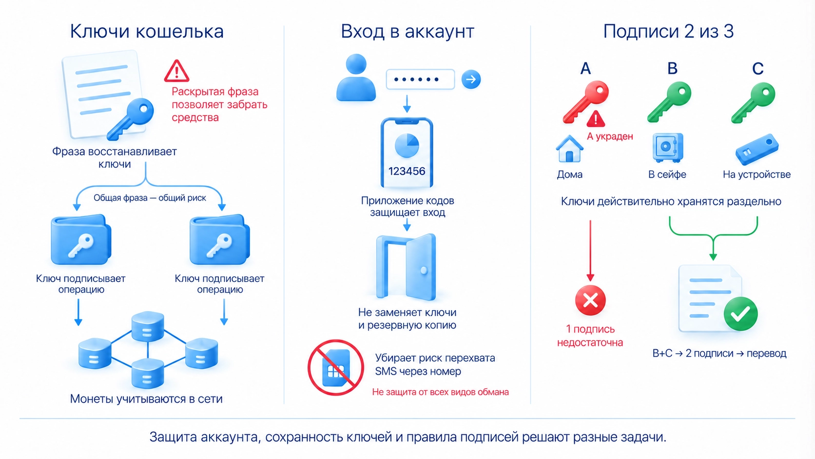 Ключи кошелька, защита входа в аккаунт и раздельные ключи для нескольких подписей решают разные задачи.