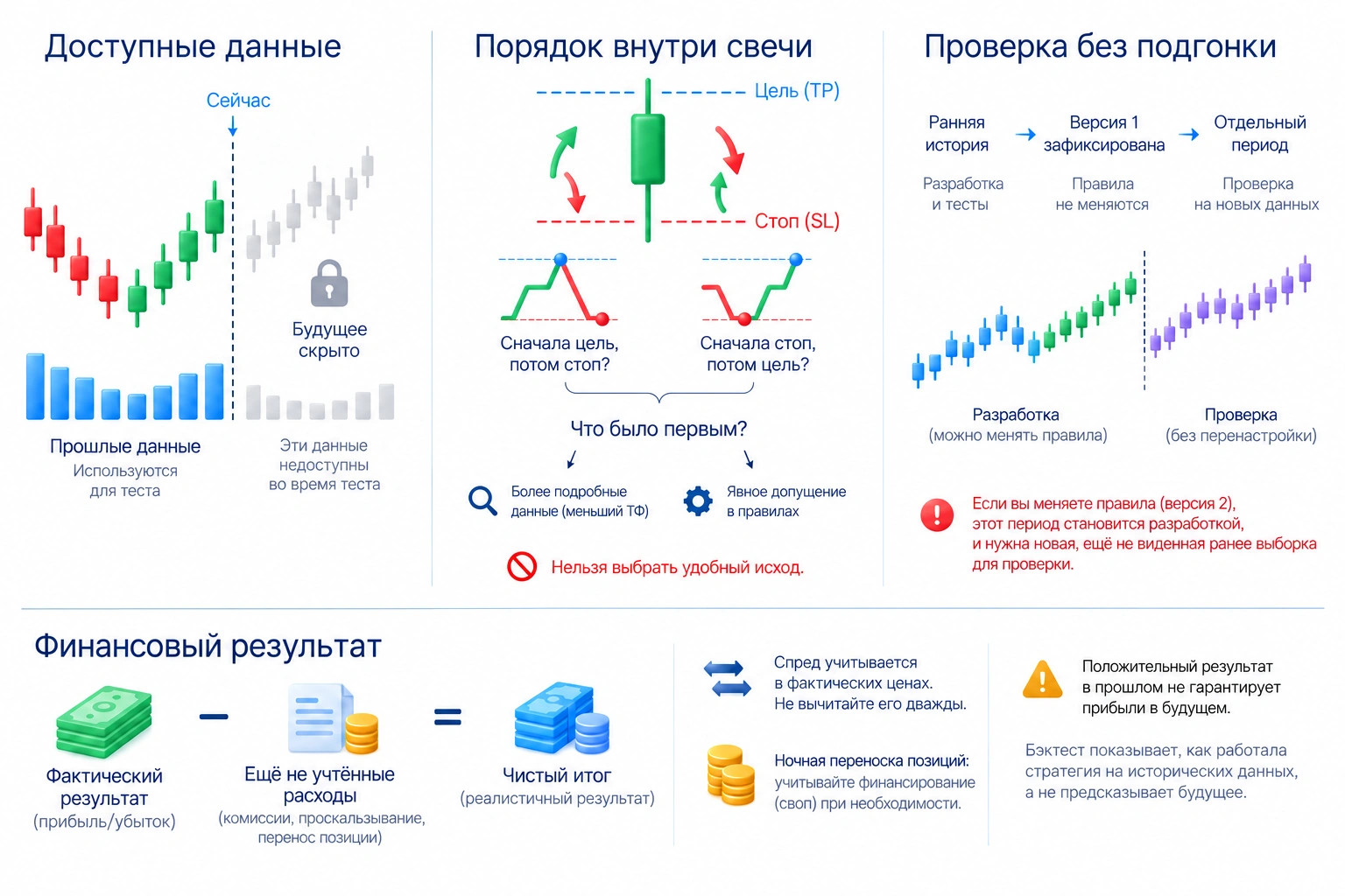 При проверке истории используют только доступные данные; стоп и цель в одной свече требуют подробных данных или допущения, расходы учитываются без повторного вычитания уже включённого спреда