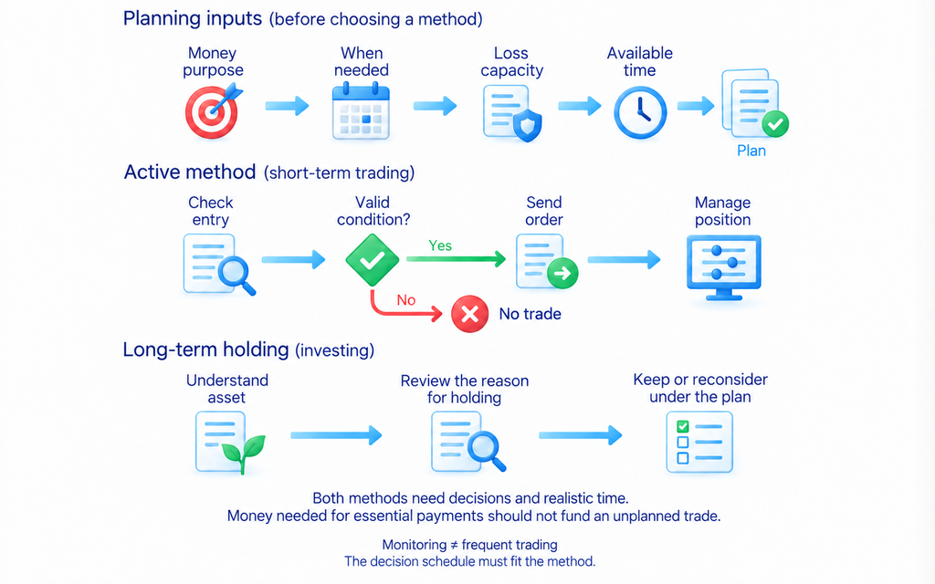 Flowchart compares planning inputs, a short-term trading path from entry check to position management, and a long-term investing path from understanding the asset to reviewing the holding plan.