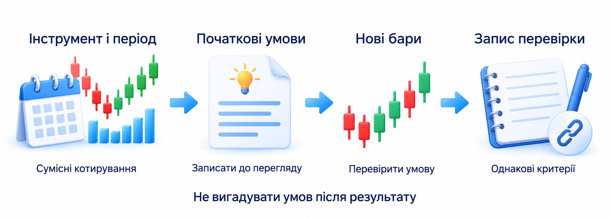 Перевірка архіву: записати початкові умови, відкрити нові бари, позначити результат і зберегти адресу та запис за сталими критеріями