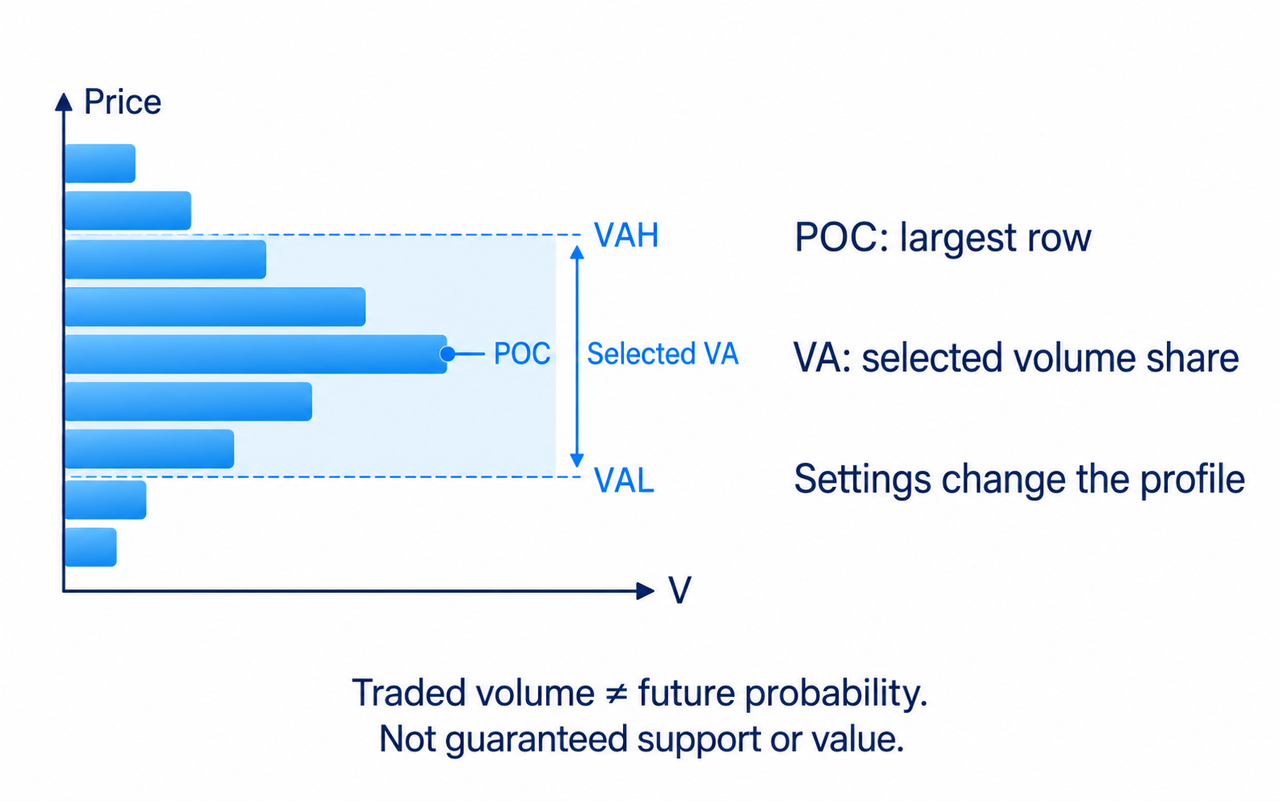 Selected Volume Profile definitions, POC, value area and VAH or VAL