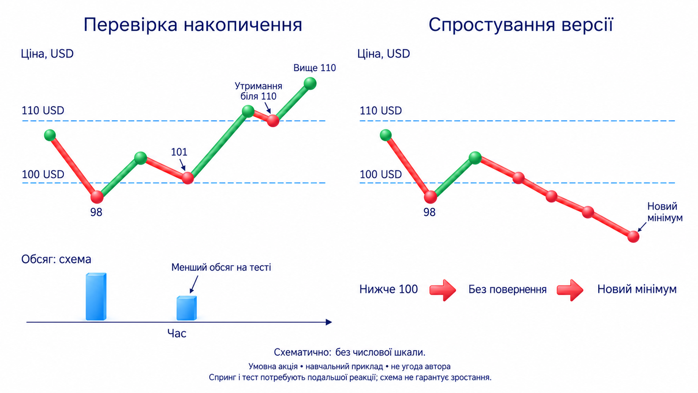 Умовна акція: діапазон 100–110 USD; 98 → вище 100 → перевірка біля 101; Вище 110 → відкат утримується біля верхньої області; Альтернатива: нижче 100 без повернення, новий мінімум; Навчальний приклад; не угода автора