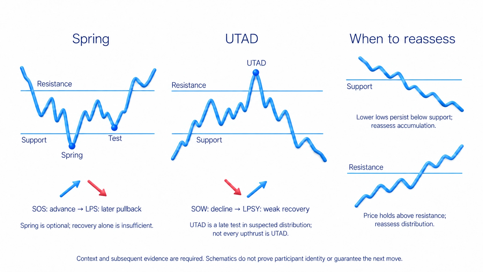 Optional spring in suspected accumulation and UTAD late in suspected distribution show returns requiring later evidence