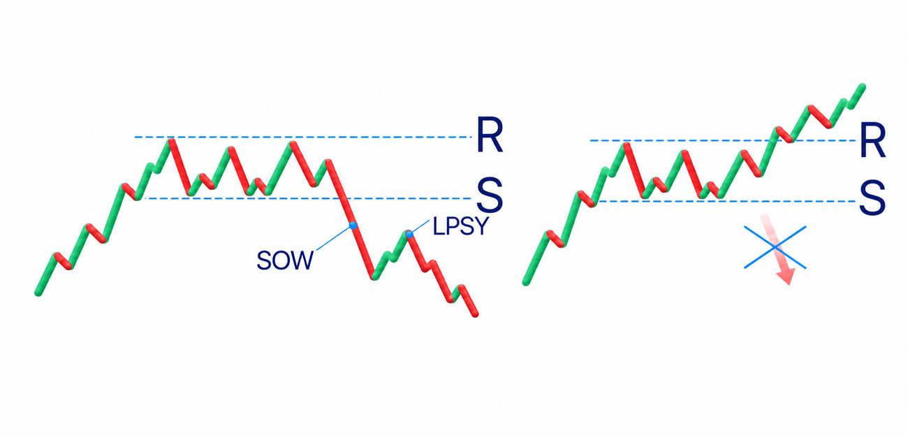 Wyckoff distribution schematic shows a sign of weakness below support and a lower recovery (LPSY); a sustained break above resistance is an alternative to the bearish reading.