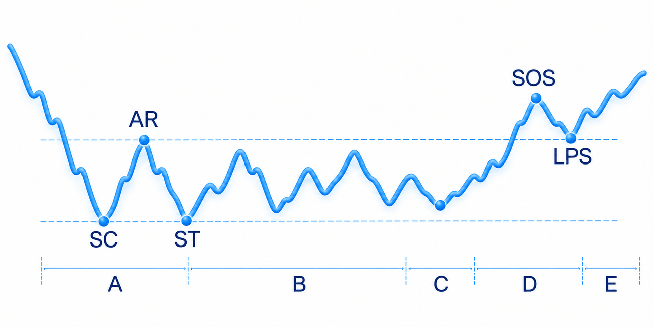 Wyckoff accumulation schematic with phases A to E, selling climax, automatic rally, secondary test, sign of strength and last point of support