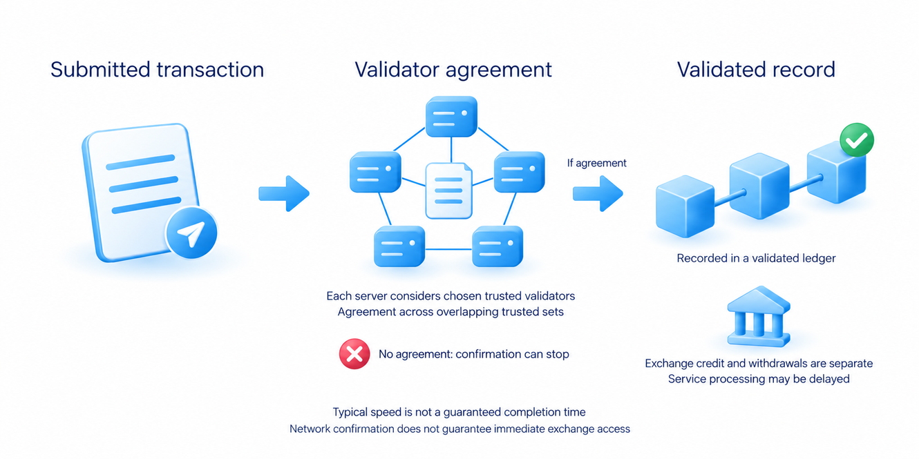 Network confirmation and exchange credit differ; source-grounded XRP distinction.